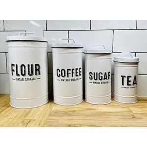 NEW Metal Farmhouse Kitchen Canisters Set  4 Pc White Black Vintage Storage